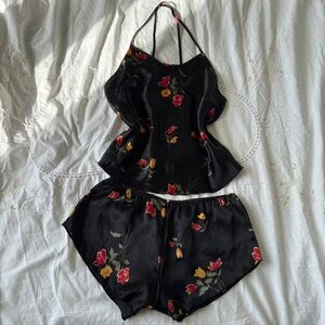 Vintage Black Floral Satin Lingerie Pajama Set Size M